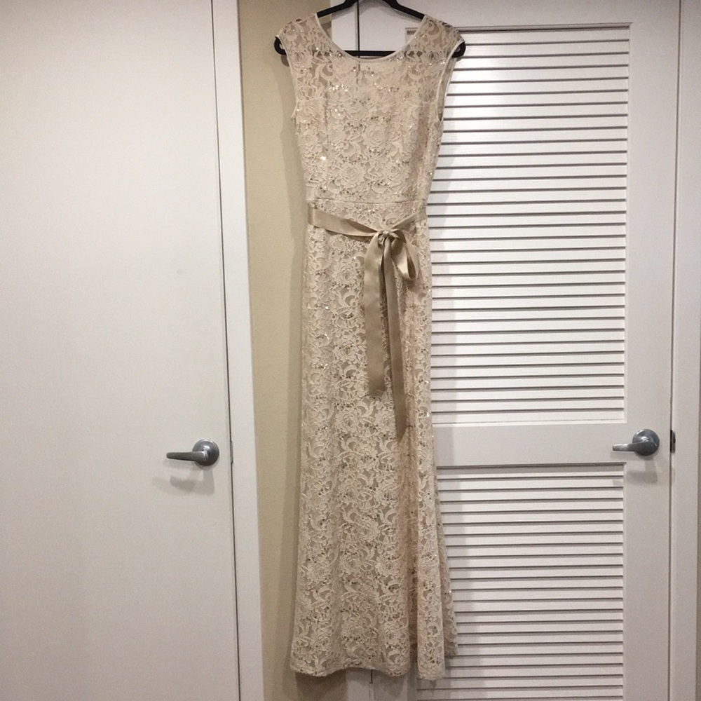 Beige embroidered lace bridesmaid dress